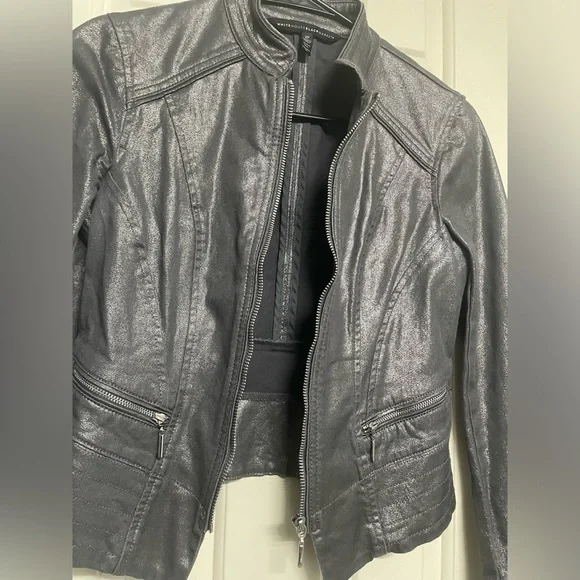 White House Black Market Shimmering Silver Faux Leather Jacket - Picture 6 of 10